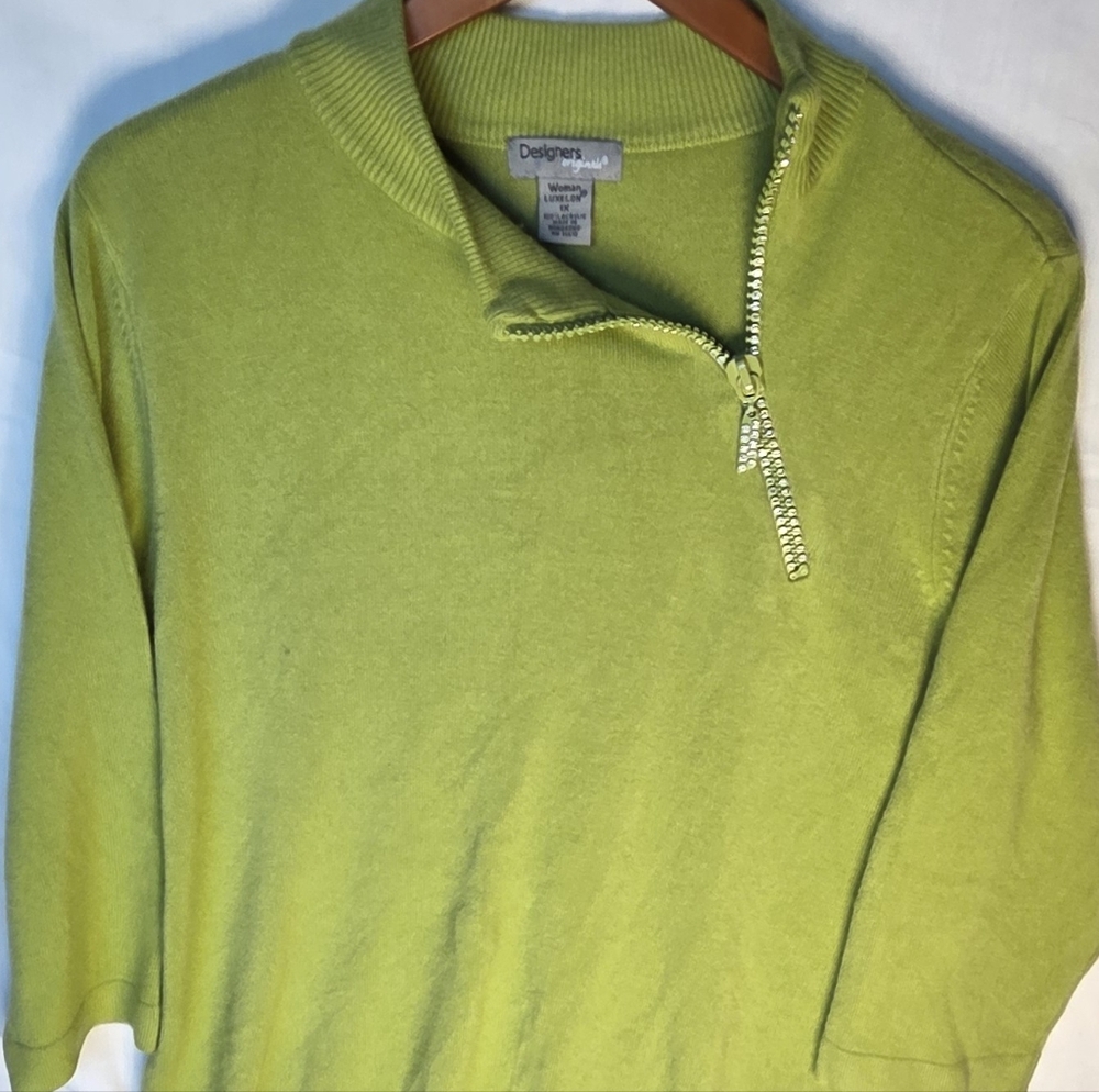 Designer Originals Womans Luxelon Sweater Sz 1X Green Zipper Rhinestone Details